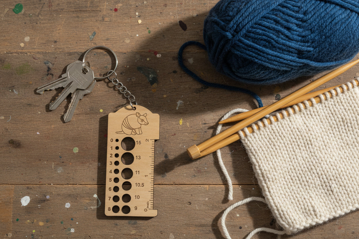 Wooden keychain with ruler and armadillo design on a white background