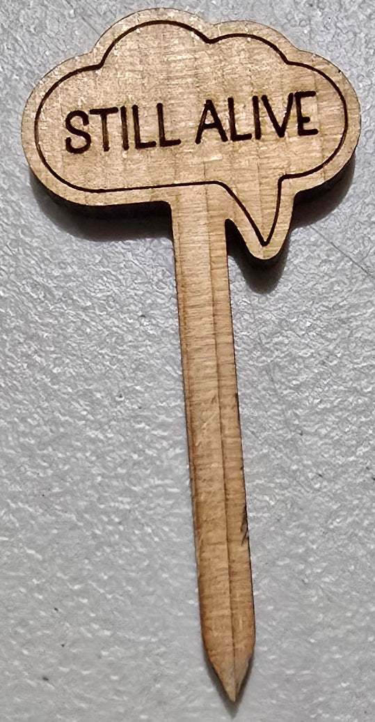Wooden pick with 'STILL ALIVE' text on a gray surface