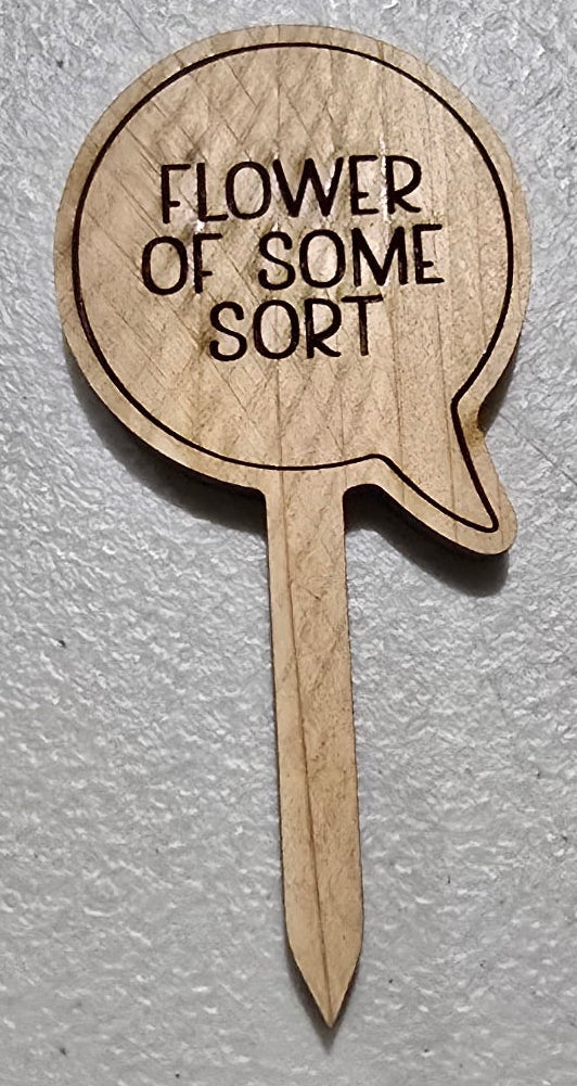 Wooden pick with 'Flower of some sort' text on a light gray background