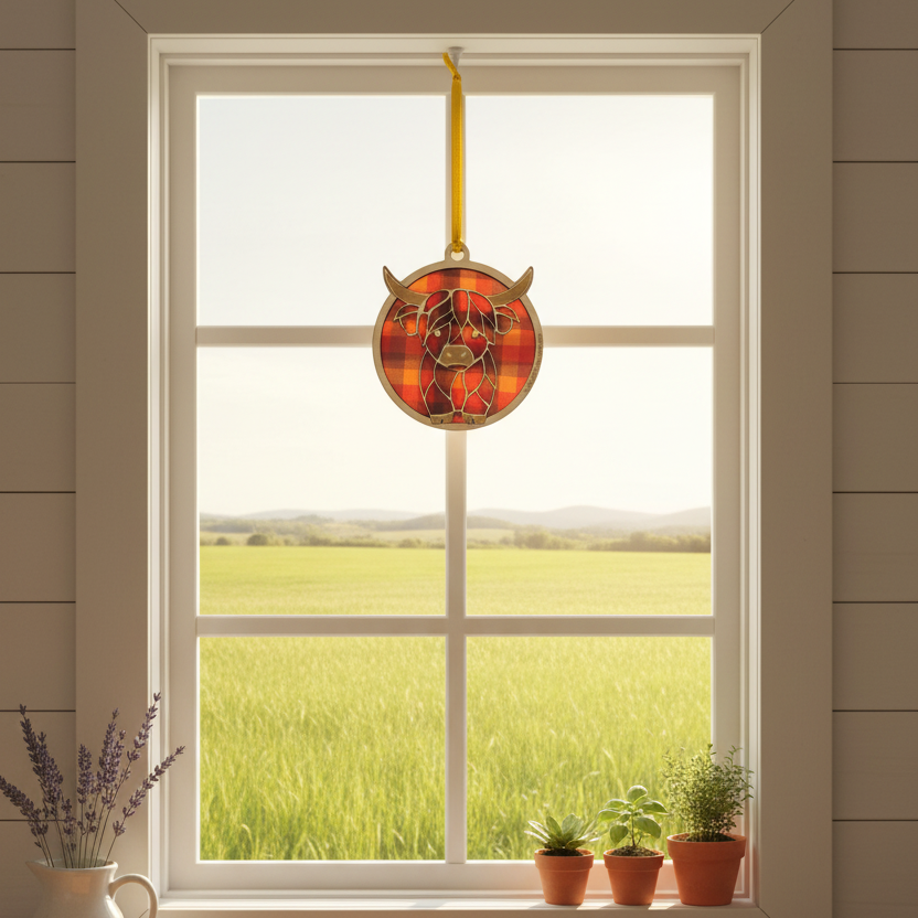 A circular decorative ornament with a red and orange plaid pattern and a central black-and-white animal face, hanging from a gold loop in front of a large window overlooking a green field.