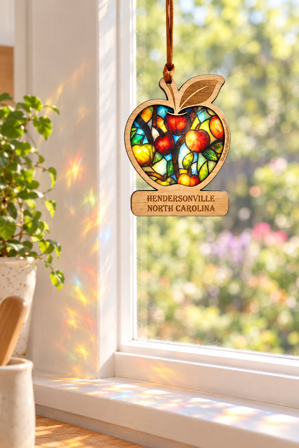 A wooden apple-shaped ornament with a colorful stained-glass-style fruit pattern inside and a natural wood base engraved with 'HENDERSONVILLE NORTH CAROLINA,' hanging from a brown ribbon on a light gray background.
