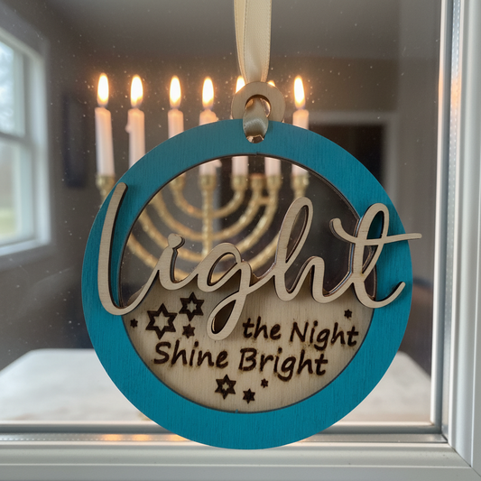 Decorative ornament with 'Light the Night, Shine Bright' text in front of a lit Menorah.
