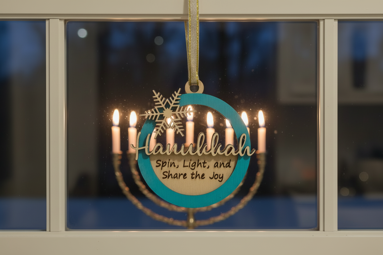 Decorative ornament with 'Hanukkah' text hanging in front of a window with lit candles.
