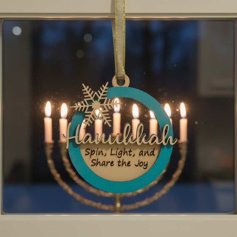 Hanukkah ornament with menorah design and reflection of candles.