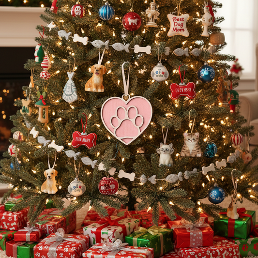 Decorated Christmas tree with ornaments and presents in a living room.
