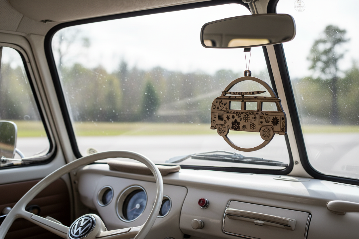 A circular holiday ornament featuring a silhouette of a VW Hippy Bus with decorative elements such as flowers and the text 'Hendersonville, NC'.