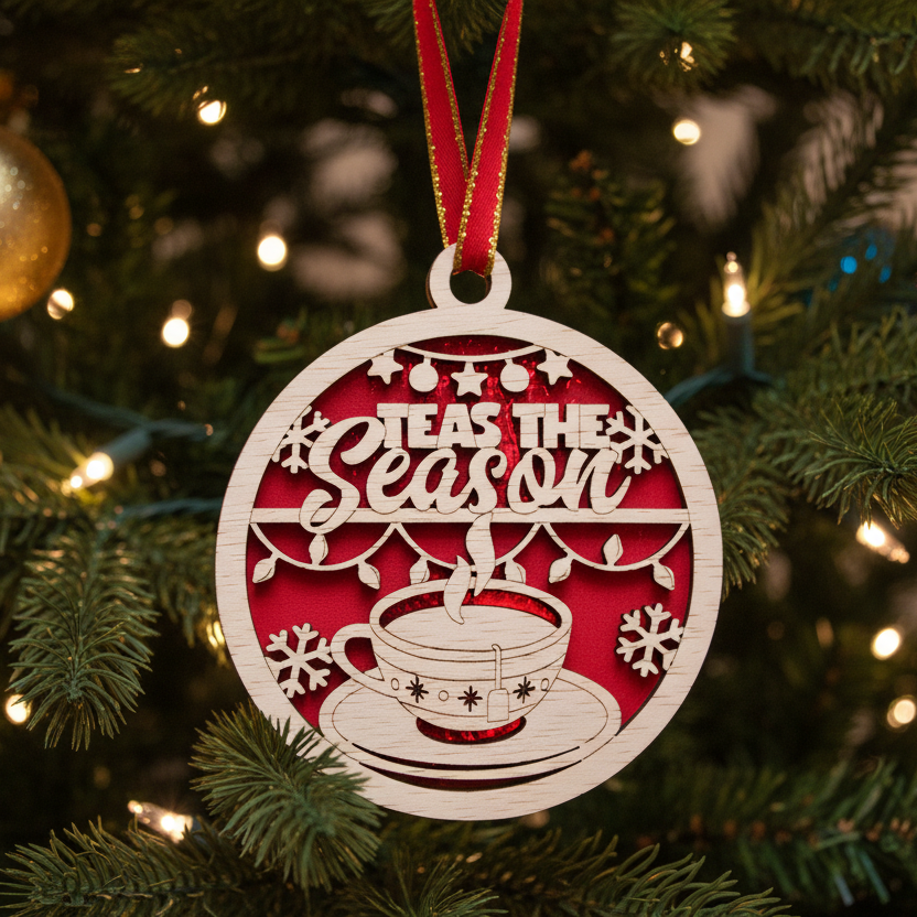 Decorative Christmas ornament with 'Teas the Season' text on a Christmas tree.