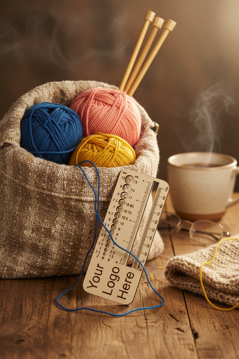Yarn balls, knitting needles, and a cup of coffee on a wooden surface with a placeholder card.