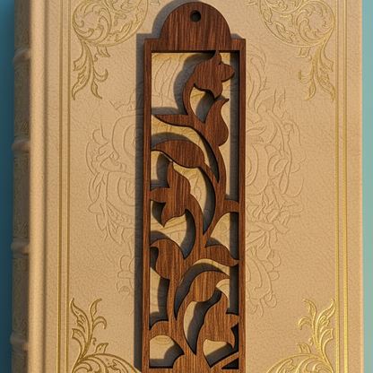 Wooden book with intricate carvings on a blue background
