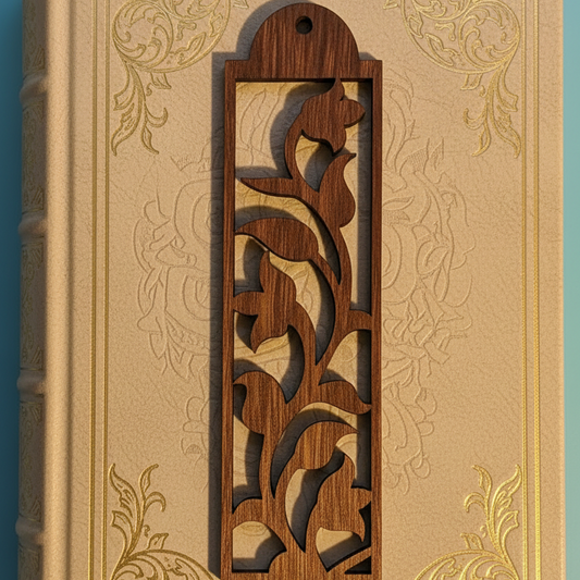 Wooden book with intricate carvings on a blue background