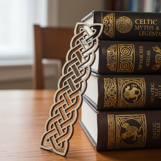 Stack of books with decorative cover designs on a wooden surface, featuring a Celtic knot bookmark.