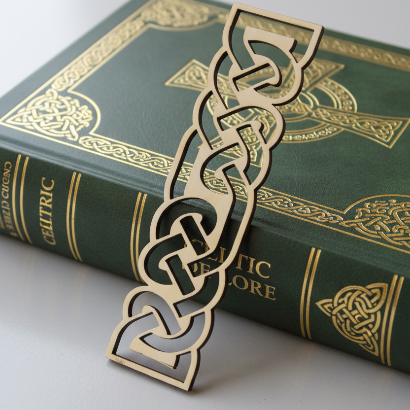 Gold Celtic knot bookmark on a green book with gold text