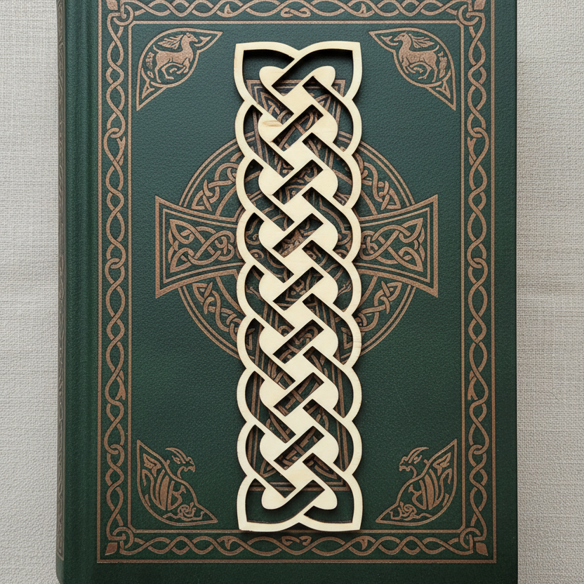 Decorative book cover with Celtic knot design on a textured background