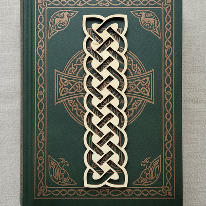 Decorative book cover with Celtic knot design on a textured background