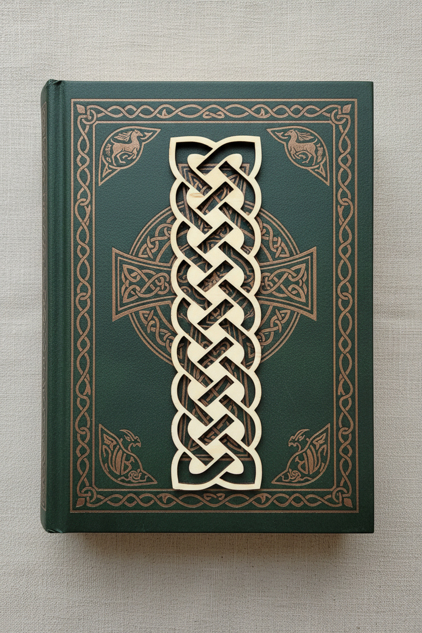 Book with Celtic cross design on a textured surface