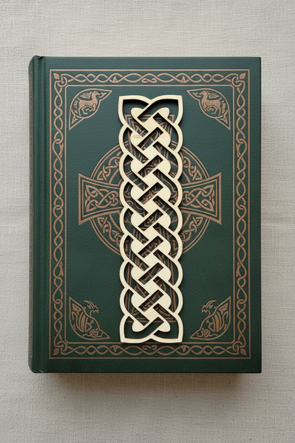 Book with Celtic cross design on a textured surface