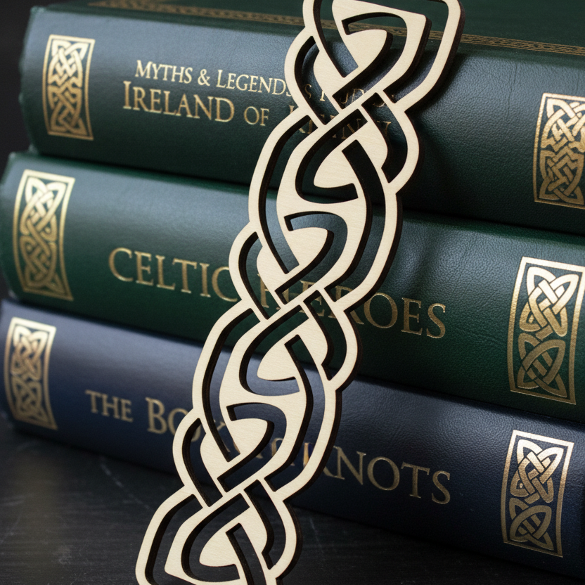 Stack of books with Celtic knot design on a dark surface