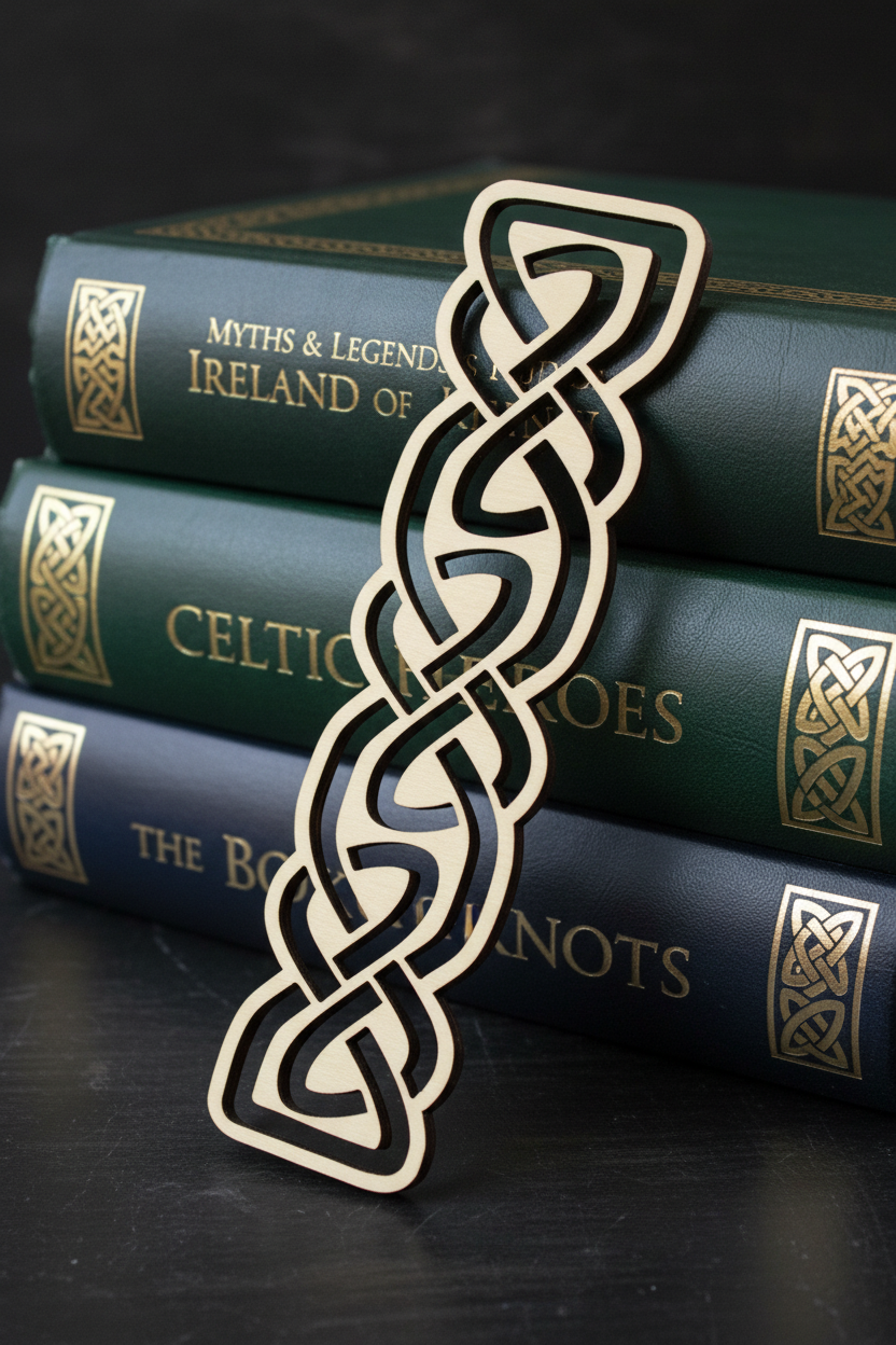 Celtic knot bookmark on a stack of books with similar design