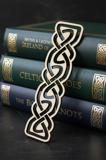 Celtic knot bookmark on a stack of books with similar design