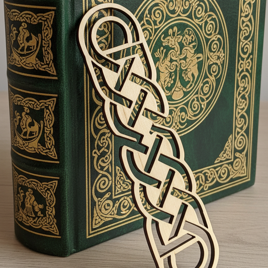 Decorative wooden bookmark with intricate design on a green book with gold embossed patterns.