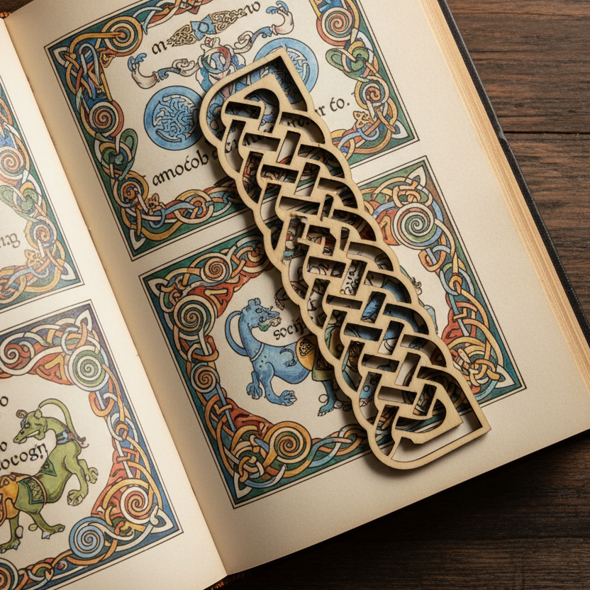 Decorative wooden bookmark with Celtic knot design on an open book with colorful illustrations.