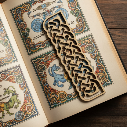 Decorative wooden bookmark with Celtic knot design on an open book with colorful illustrations.