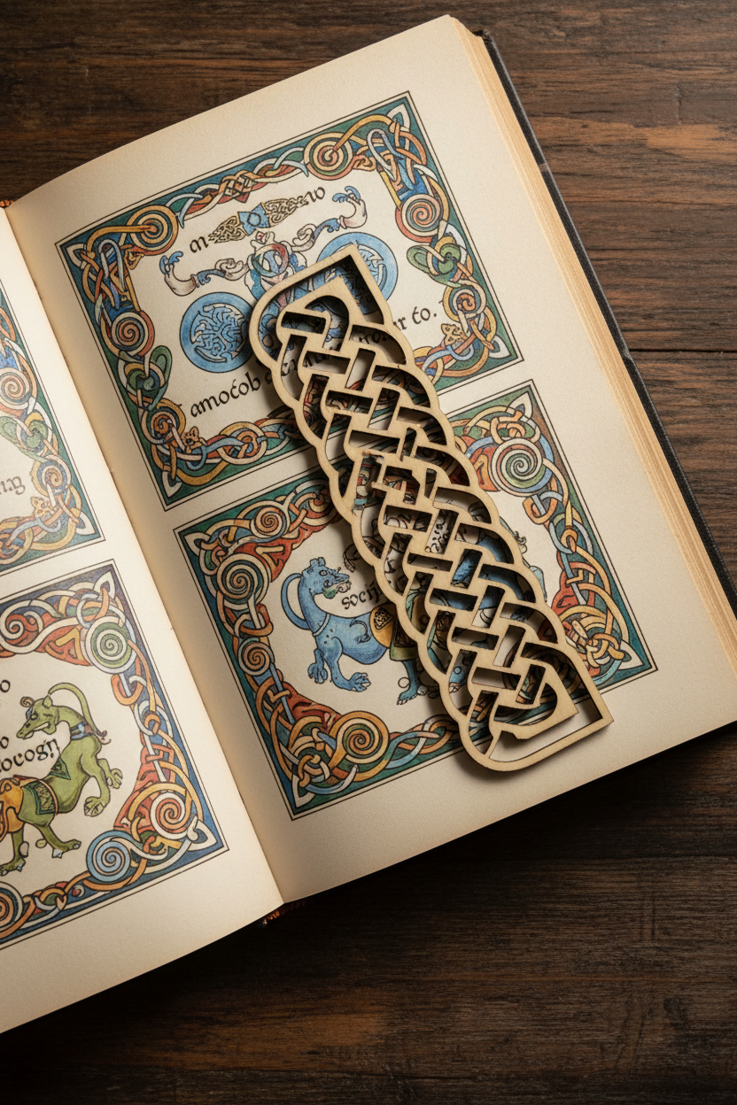 A laser engraved wooden bookmark with a Celtic knotwork design.