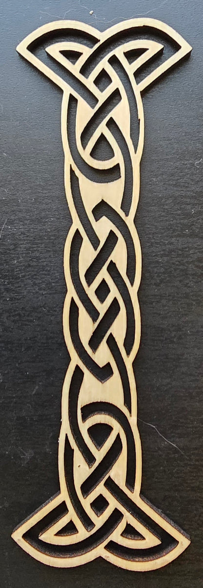 A laser engraved bookmark with a Celtic knot design.