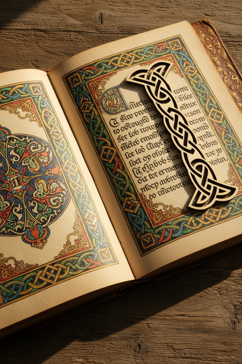 Decorative book with Celtic knot design on a wooden surface