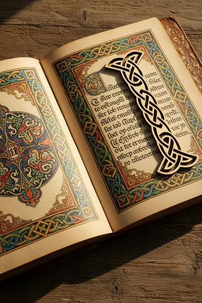 Decorative book with Celtic knot design on a wooden surface