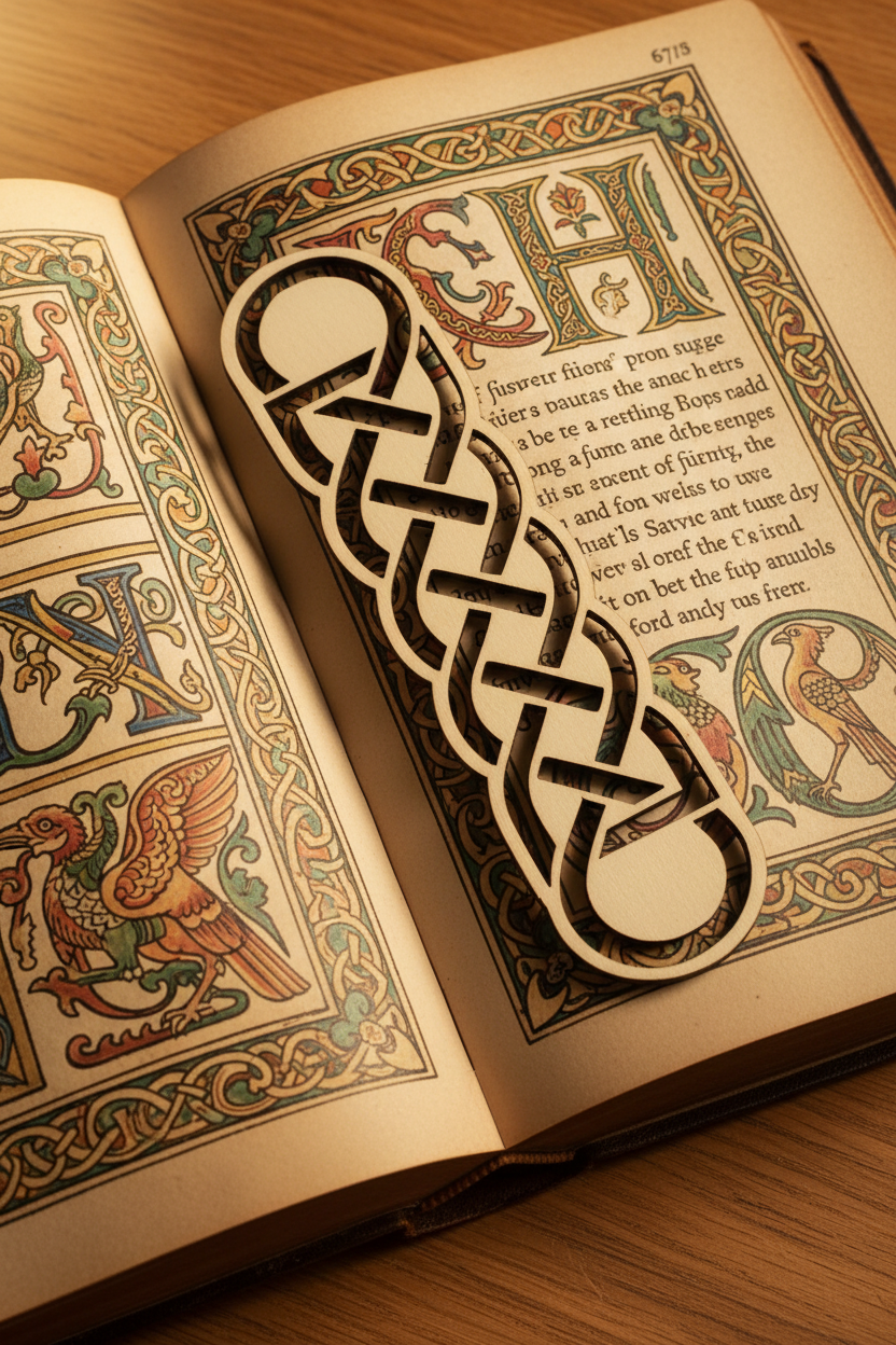 Decorative bookmark with Celtic knot design on an open book with ornate text and illustrations.