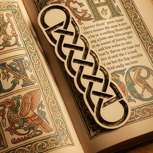 Decorative bookmark with Celtic knot design on an open book with ornate text and illustrations.