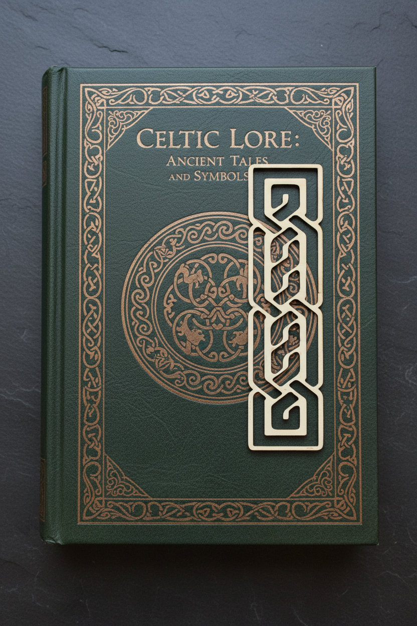 Book titled 'Celtic Lore: Ancient Tales and Symbols' with decorative cover on a dark background
