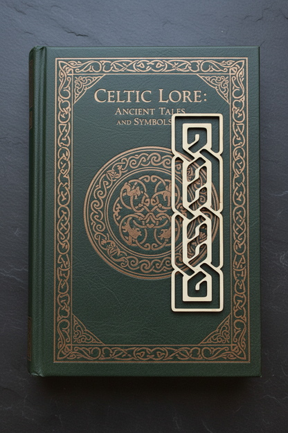 Book titled 'Celtic Lore: Ancient Tales and Symbols' with decorative cover on a dark background
