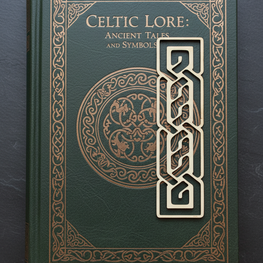 Book titled 'Celtic Lore: Ancient Tales and Symbols' with decorative cover on a dark background