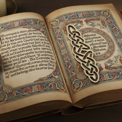 Decorative book with intricate Celtic knot design on a dark background
