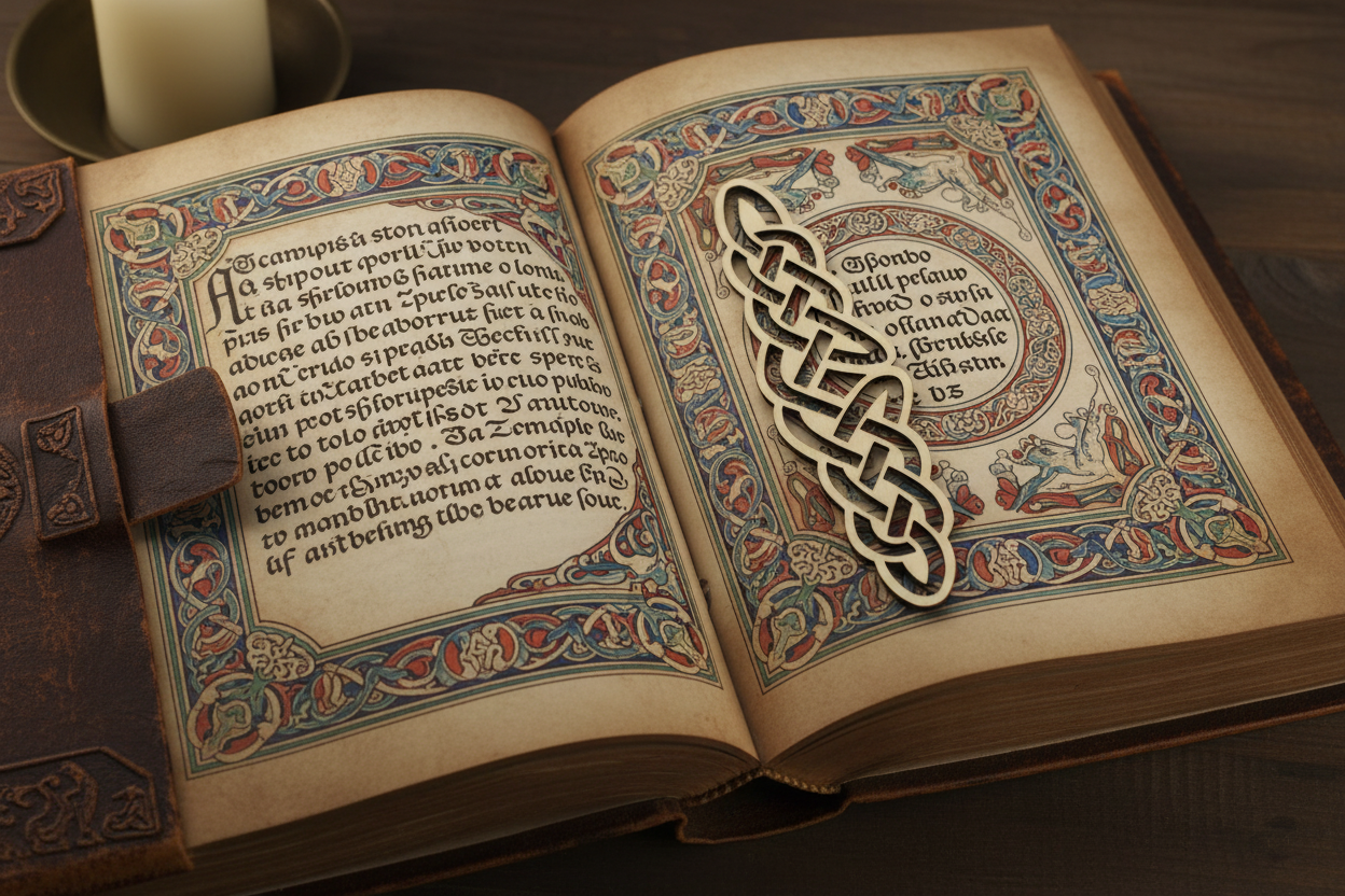 Decorative open book with intricate designs and text, resembling a medieval or fantasy theme.