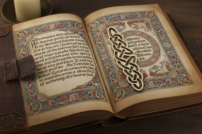 Decorative open book with intricate designs and text, resembling a medieval or fantasy theme.