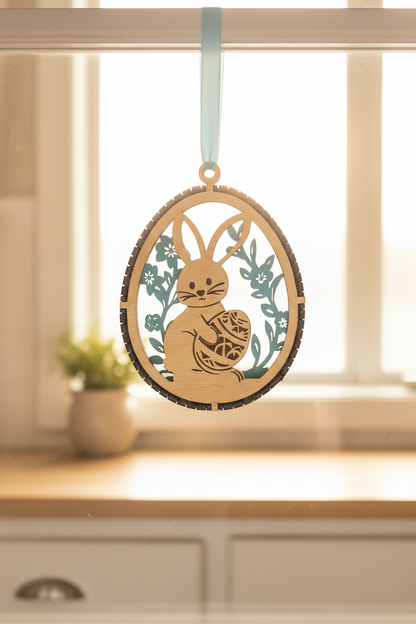 Wooden Easter ornament with a rabbit design hanging on a window sill.
