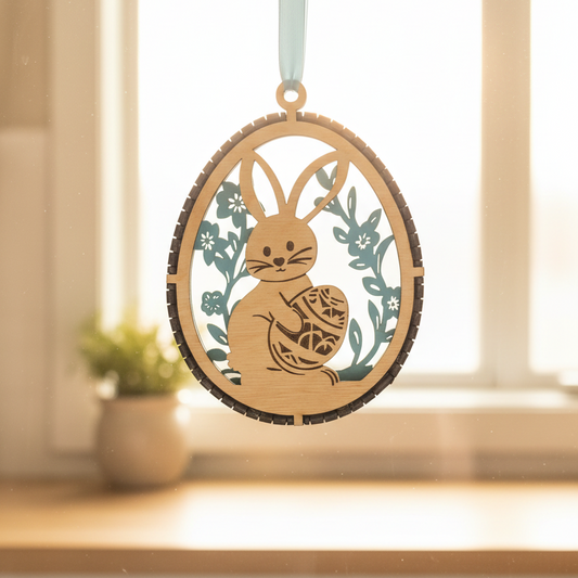 Wooden ornament with rabbit design hanging in front of a window