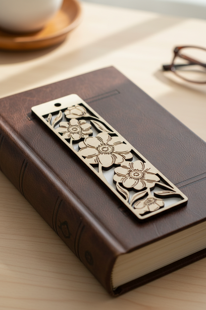 Decorative floral bookmark on a brown book with a blurred background