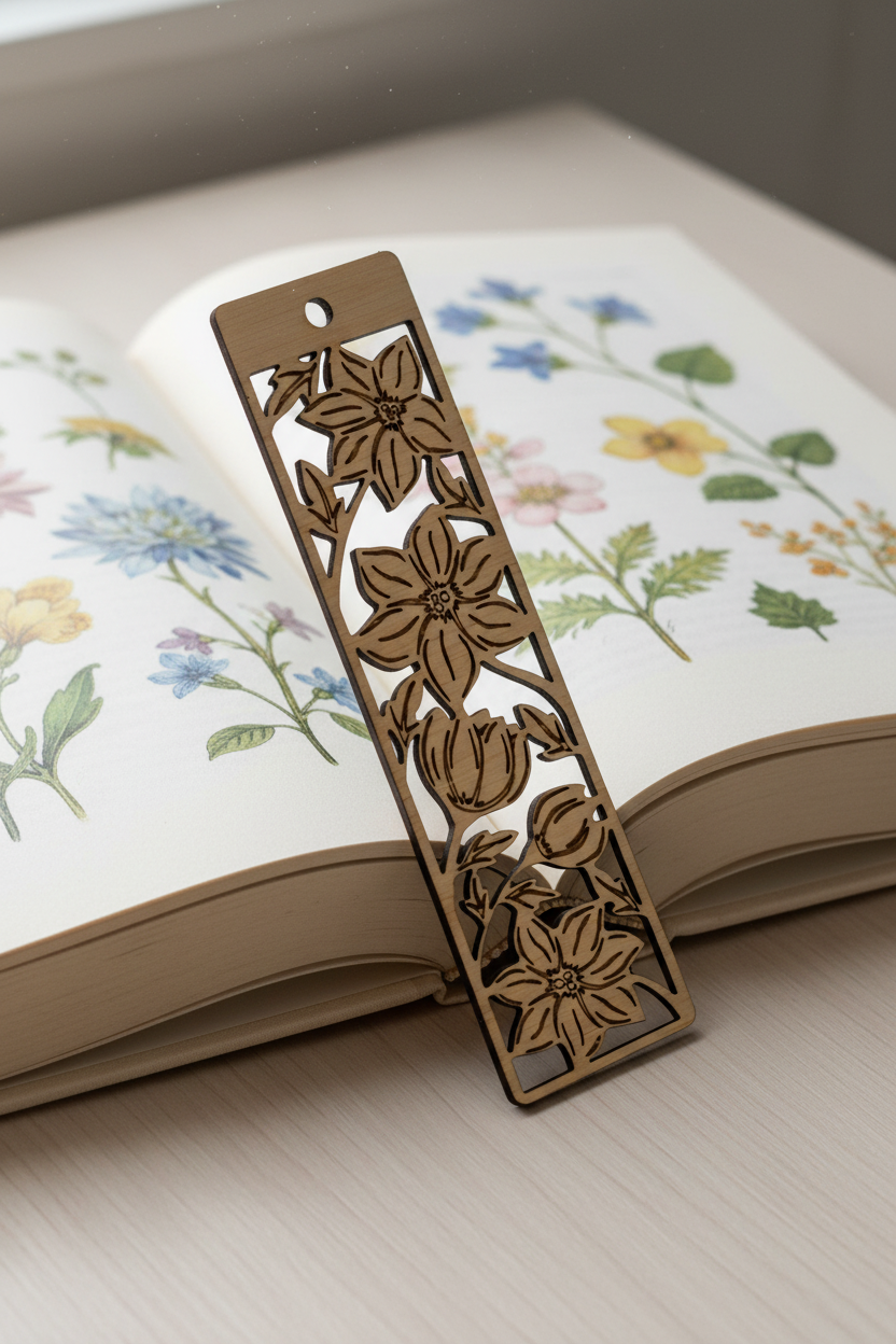 Wooden bookmark with floral cutout design on a white background