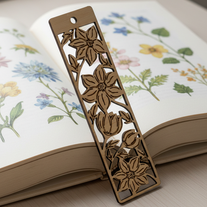 Wooden floral bookmark on an open book with botanical illustrations