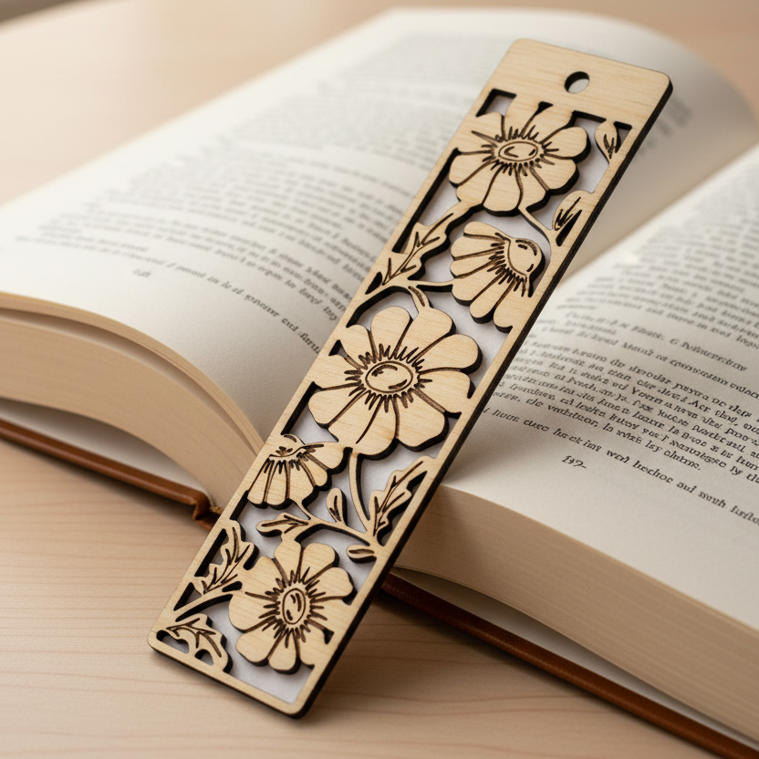 Wooden bookmark with floral design on an open book