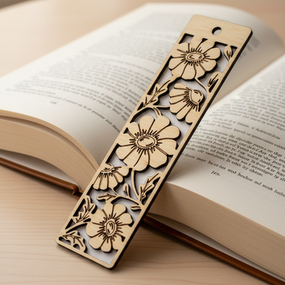 Wooden bookmark with floral design on an open book