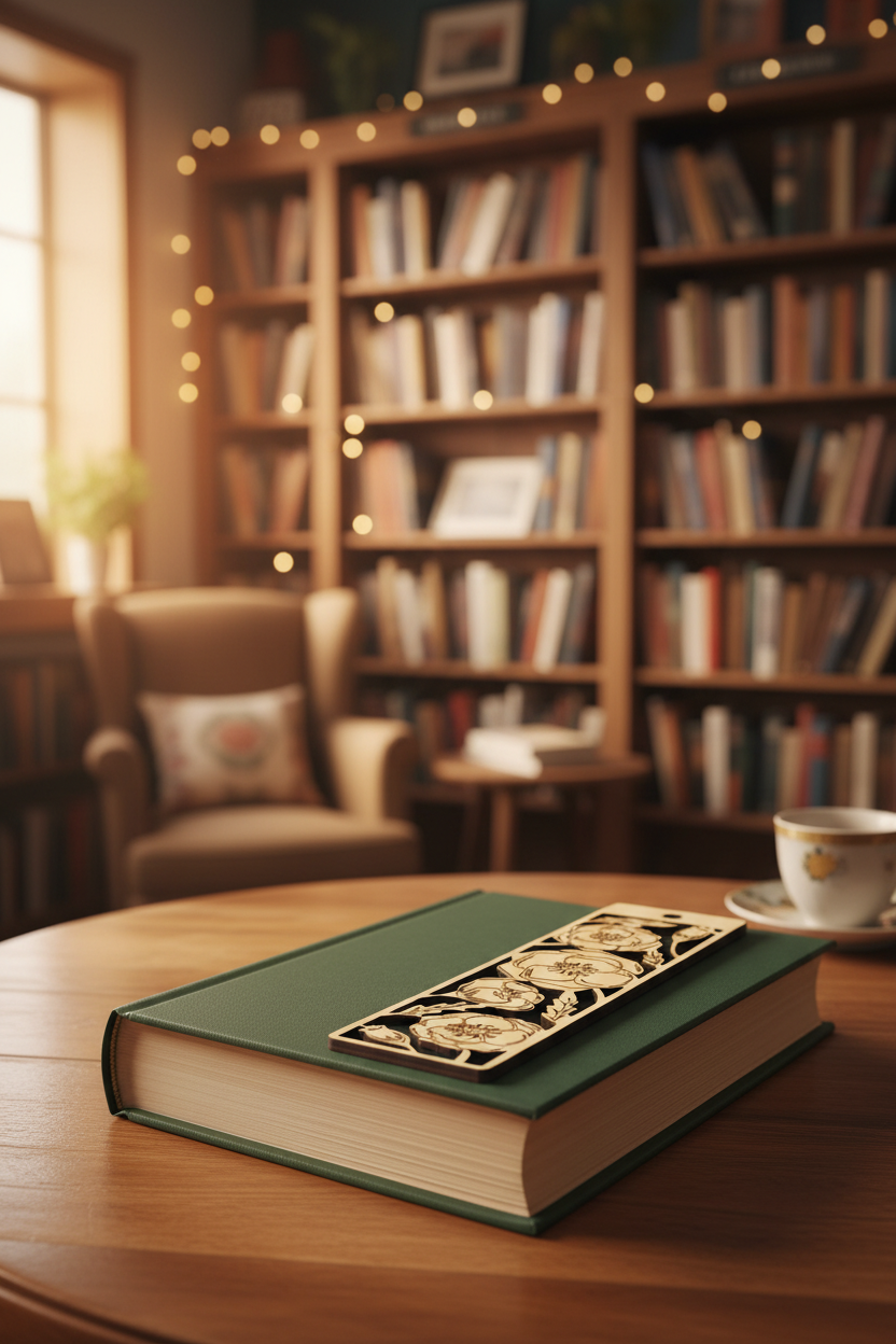 Book with decorative cover on a wooden table in a cozy room with bookshelves and string lights.