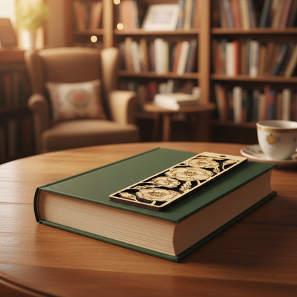 Book with decorative cover on a wooden table in a cozy room with books and a chair.