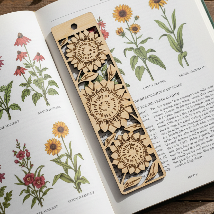 Wooden bookmark with decorative patterns on an open book with botanical illustrations.
