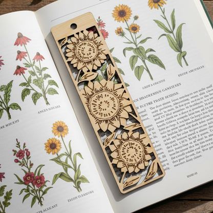 Wooden bookmark with decorative patterns on an open book with botanical illustrations.
