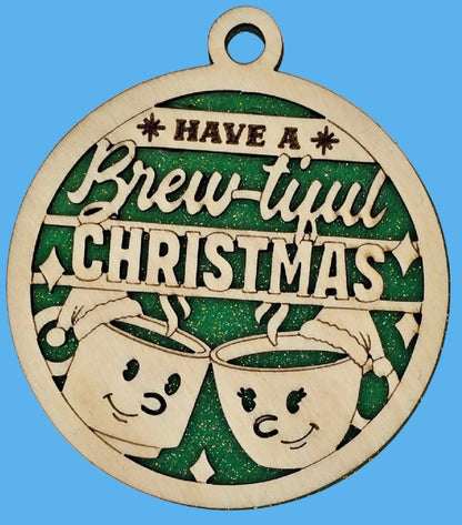 Decorative Christmas ornament with 'Have a Brew-tiful Christmas' text and two cartoon beer mugs on a green background.